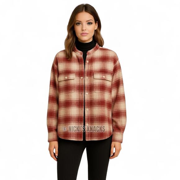 AG Adriano Goldschmied Smith Shirt Jacket in Natural/Tannic Red Plaid Size M - Picture 2 of 11